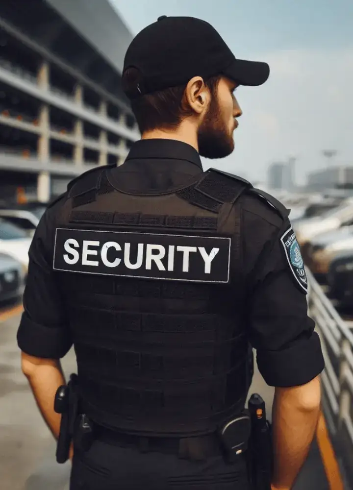 A uniformed security officer patrols a parking structure, ensuring safety and security in an urban environment.