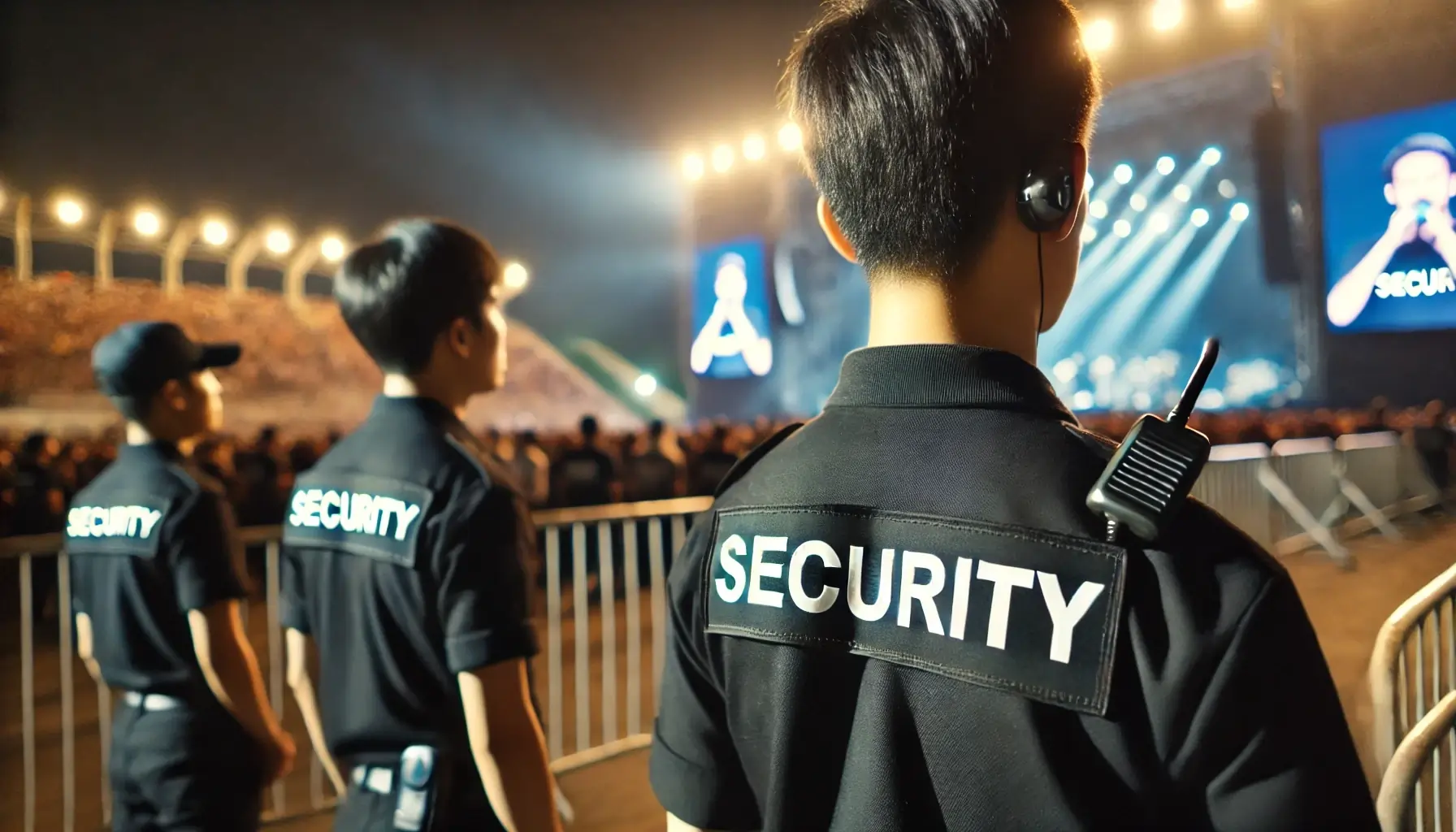 A group of security personnel in black uniforms with "SECURITY" printed on the back, managing a large event with a stage and bright lights in the background.