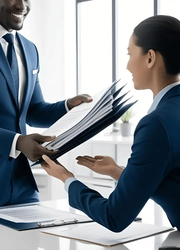 A security guard applicant standing at the HR desk, talking with the hiring manager in an office setting.